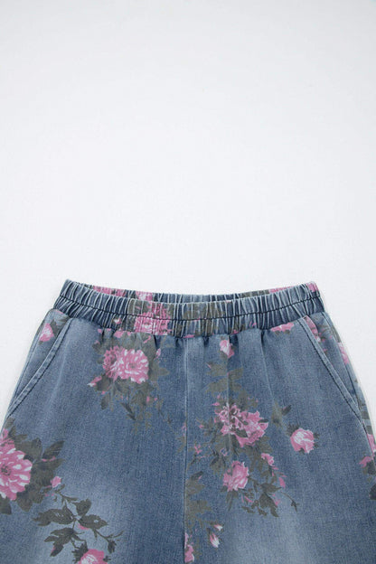 Beau Blue Floral Print Elastic Waist Pull On Casual Jeans - Sweet Fashion Wholesale