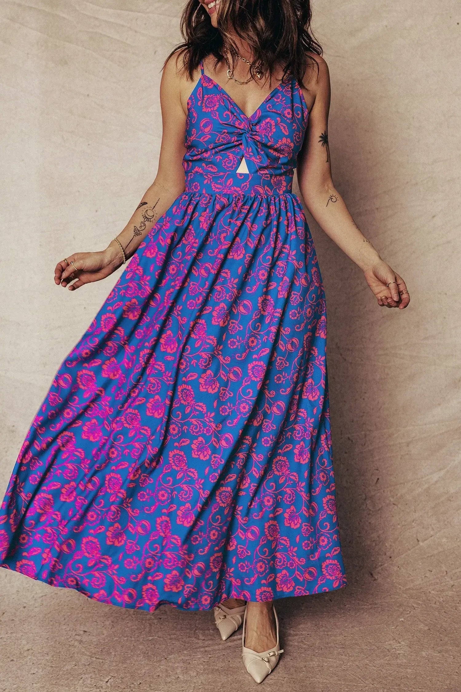 Blue Floral Print Twisted V Neck Tied Backless Maxi Dress - Sweet Fashion Wholesale