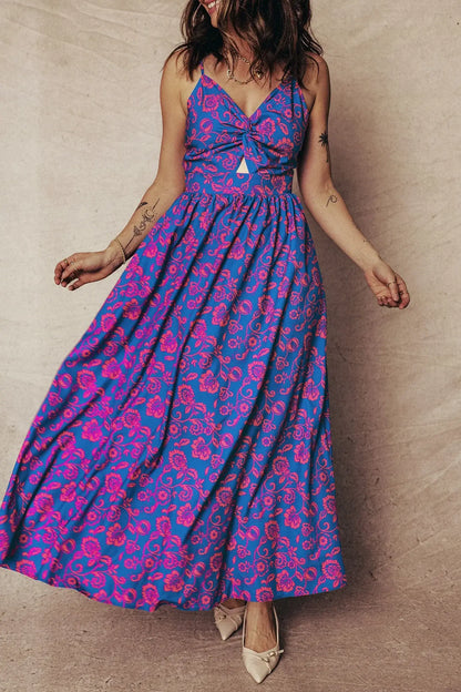 Blue Floral Print Twisted V Neck Tied Backless Maxi Dress - Sweet Fashion Wholesale