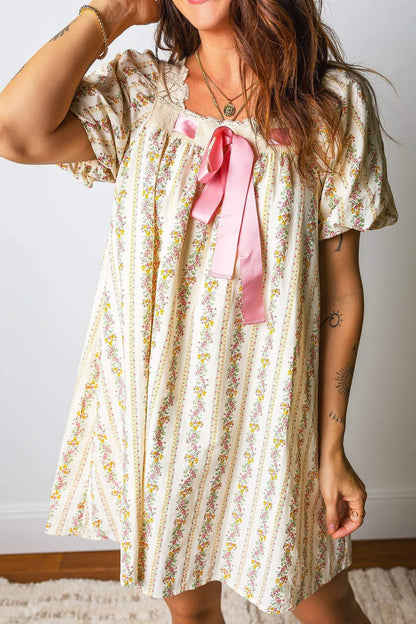 Multicolour Floral Print Contrast Ribbon Bow Lace Trim Square Neck Mini Dress - Sweet Fashion Wholesale