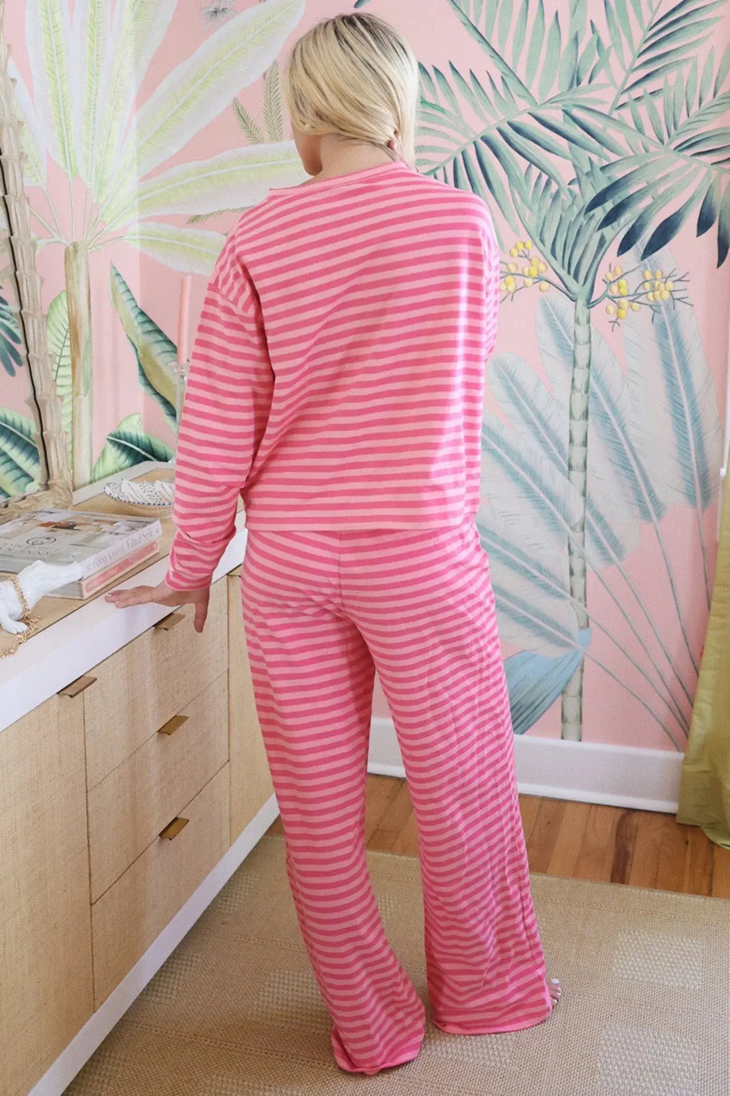Rose Stripe Drop Shoulder Round Neck Top and Buttoned Straight Pants Two Piece Set - Sweet Fashion Wholesale