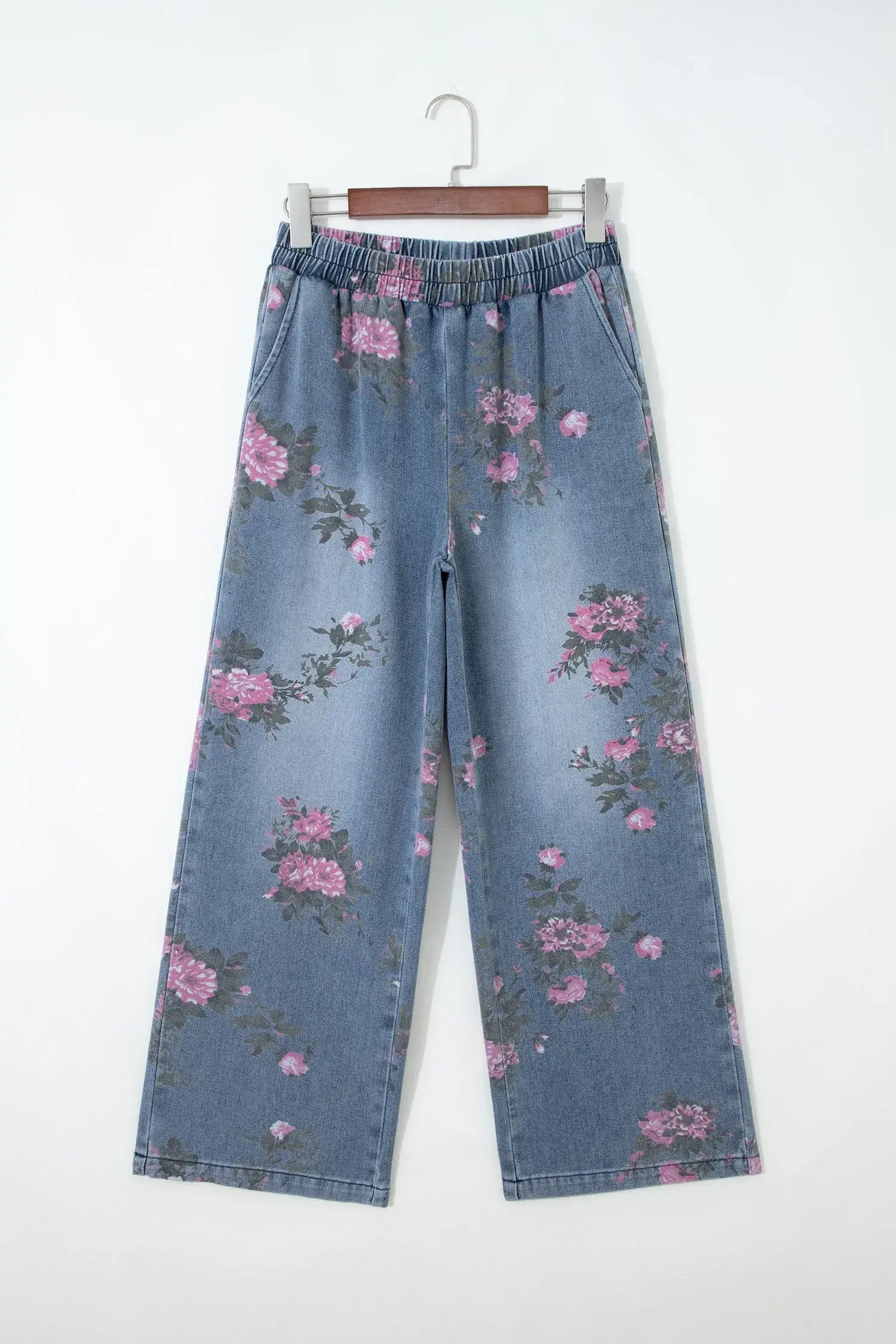 Beau Blue Floral Print Elastic Waist Pull On Casual Jeans - Sweet Fashion Wholesale