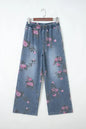 Beau Blue Floral Print Elastic Waist Pull On Casual Jeans - Sweet Fashion Wholesale