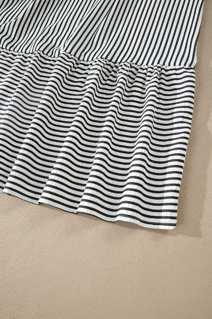 Black Stripe Plus Size Slit V Neck Tiered Flutter Sleeve Maxi Dress