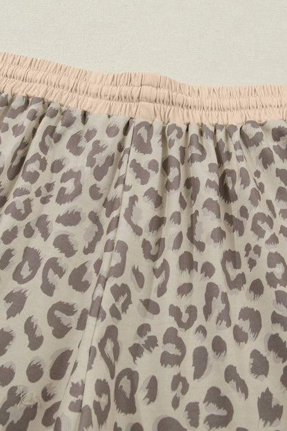 Khaki V Neck Collar Leopard Printed 2pcs Short Set