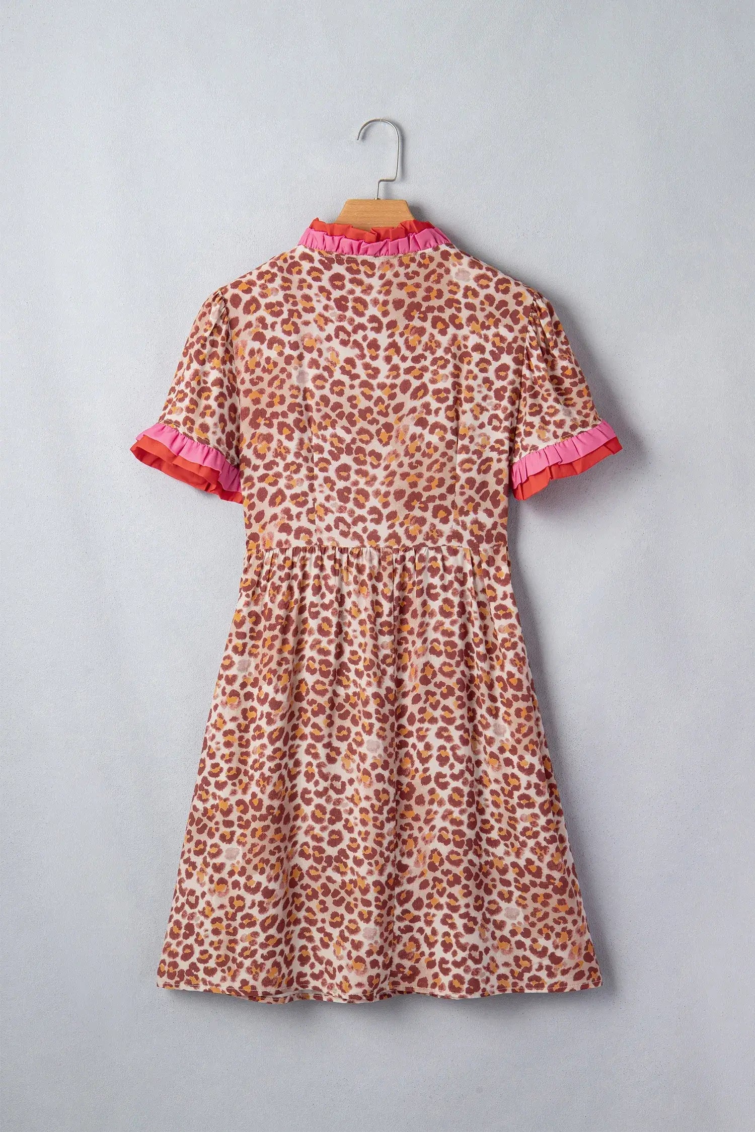 Khaki Leopard High Waist Ruffled Colorblock Trim Short Dress - Sweet Fashion Wholesale