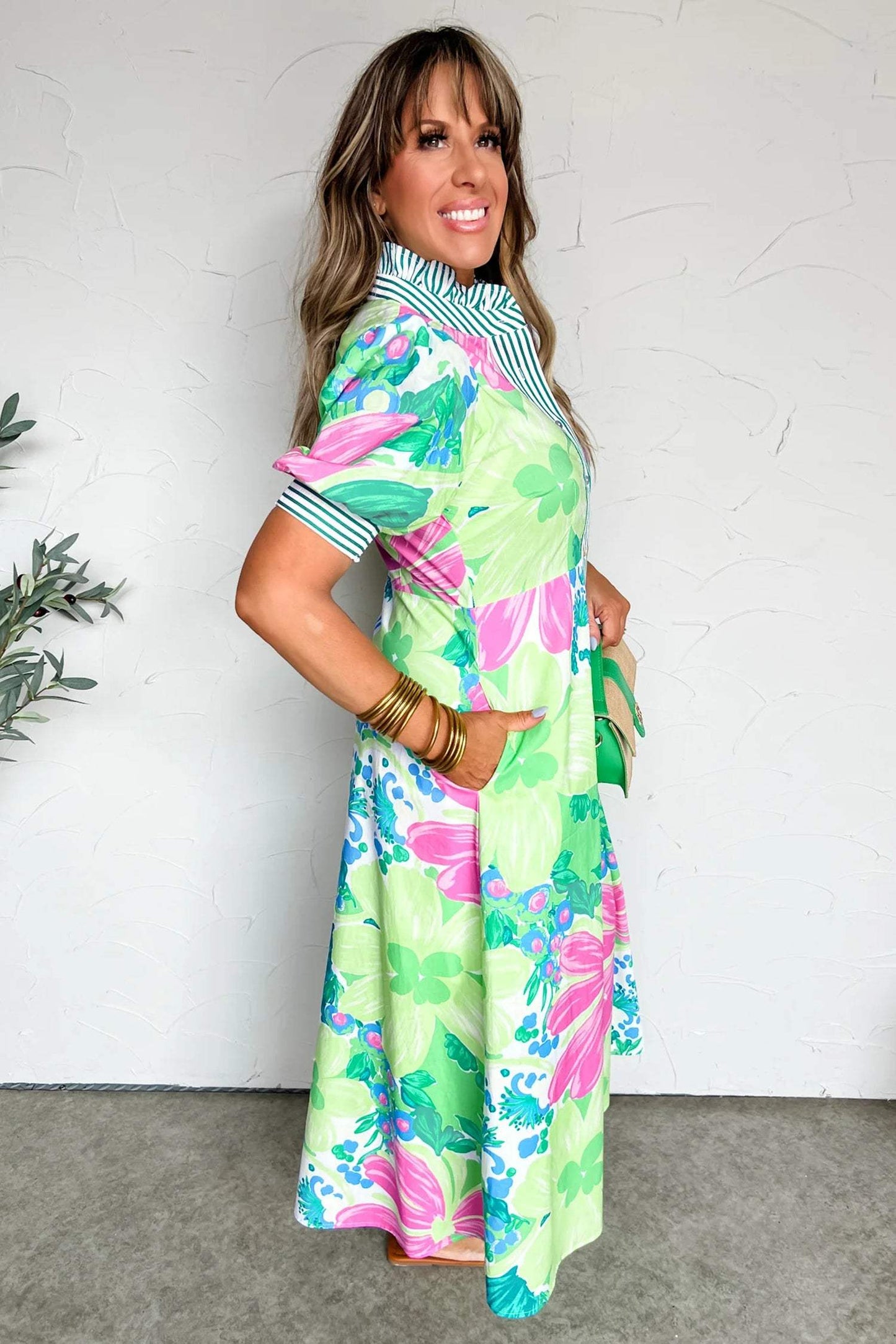 Pink Floral Print Striped Trim Button Down Short Sleeve Vacation Dress