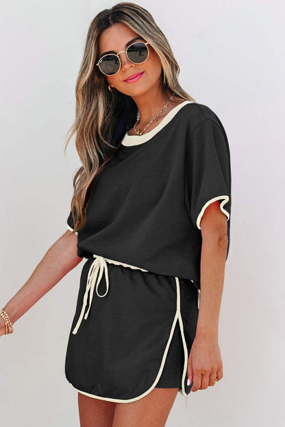 Apricot Colorblock Edge Drop Shoulder T Shirt and Skort 2Pcs Set