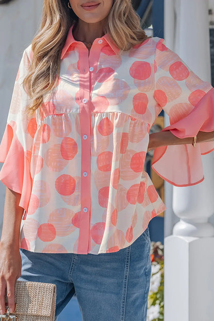 Pink Double Polka Dot Printed Ruffle Trim Short Sleeve Babydoll Shirt - Sweet Fashion Wholesale