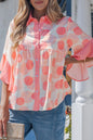 Pink Double Polka Dot Printed Ruffle Trim Short Sleeve Babydoll Shirt - Sweet Fashion Wholesale
