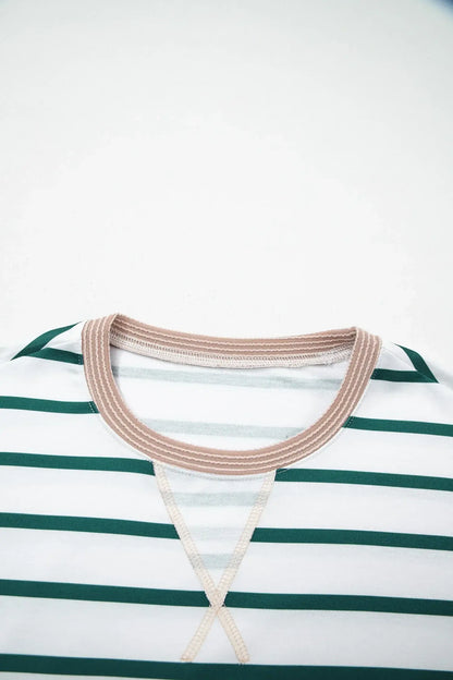 White Stripe Twisted Ribbed Patchwork Drop Shoulder Round Neck Sweatshirt