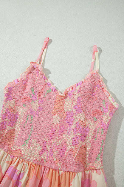 Pink Spaghetti Straps Floral Shirred High Waist Dress