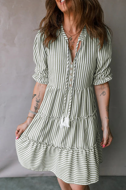 Green Stripe Tasseled Tie Neck Ruffled Short Sleeve Tiered Flattering Dress - Sweet Fashion Wholesale