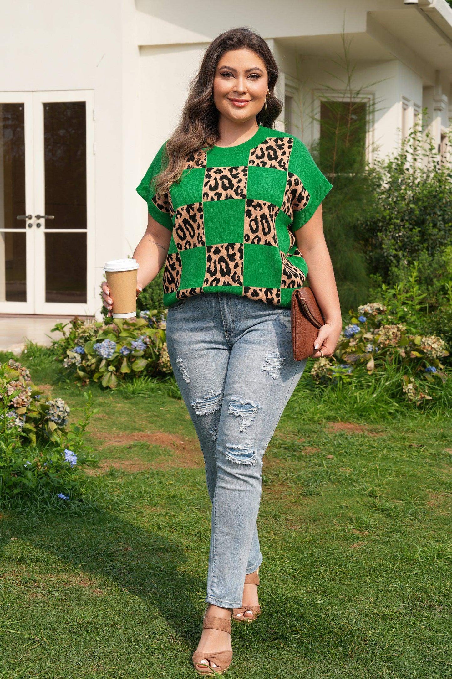 Red Plus Size Leopard Contrasted Checkered Short Sleeve Sweater - Sweet Fashion Wholesale