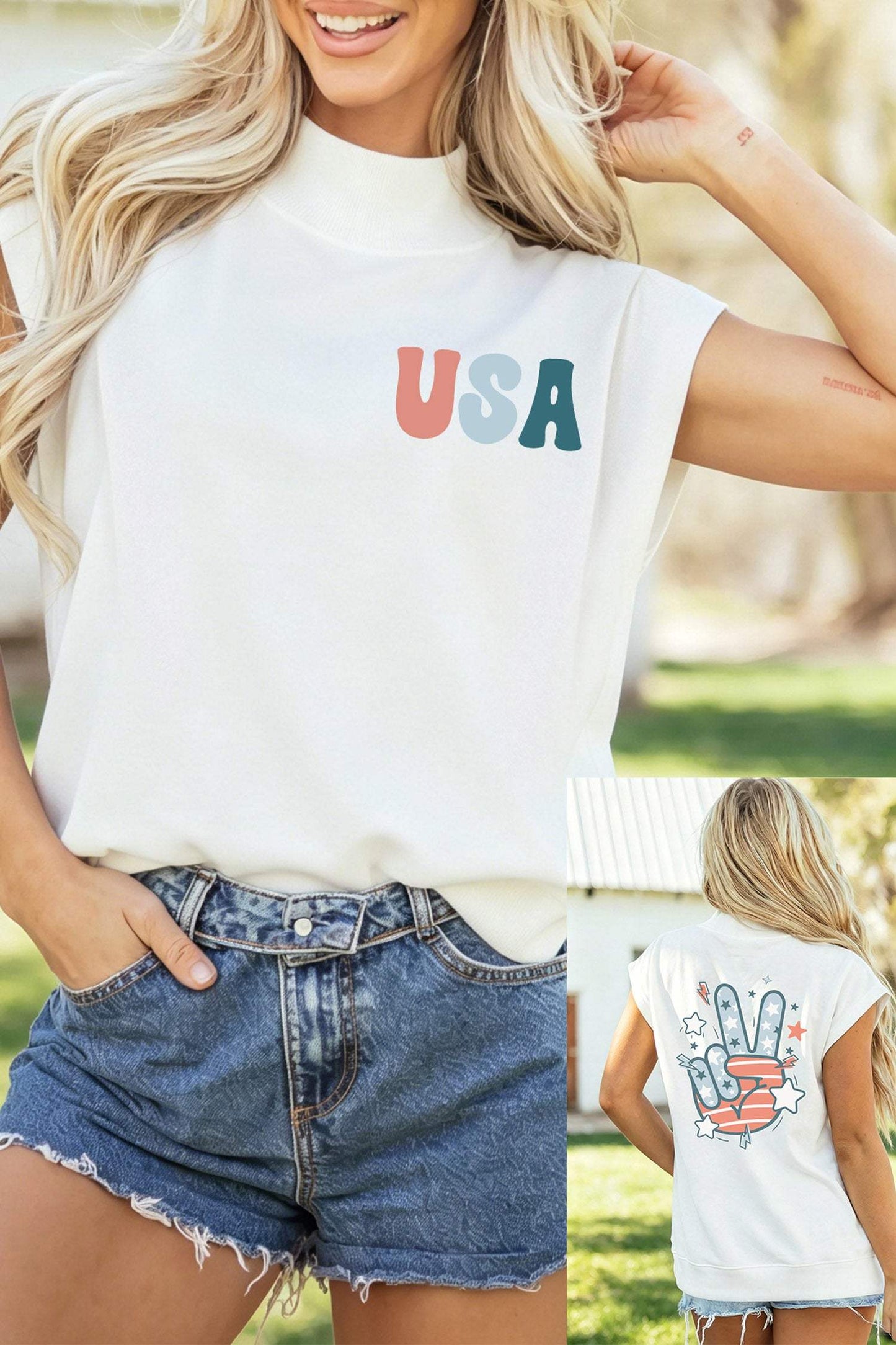 White USA/ Patriotic Victory Double Side Printed Mock Neck Tee