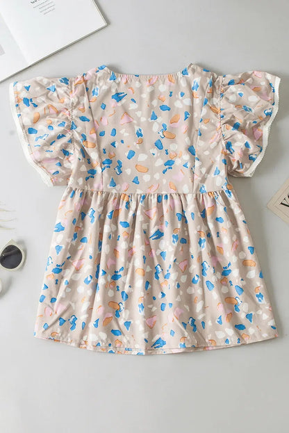Khaki Crisscross V Neck Ruffle Sleeve Printed Flowy Blouse