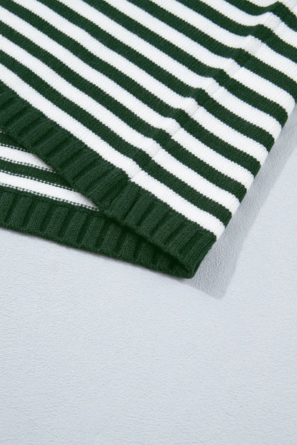 Green Stripe Striped Button Placket Drop Shoulder Long Sleeve Sweater