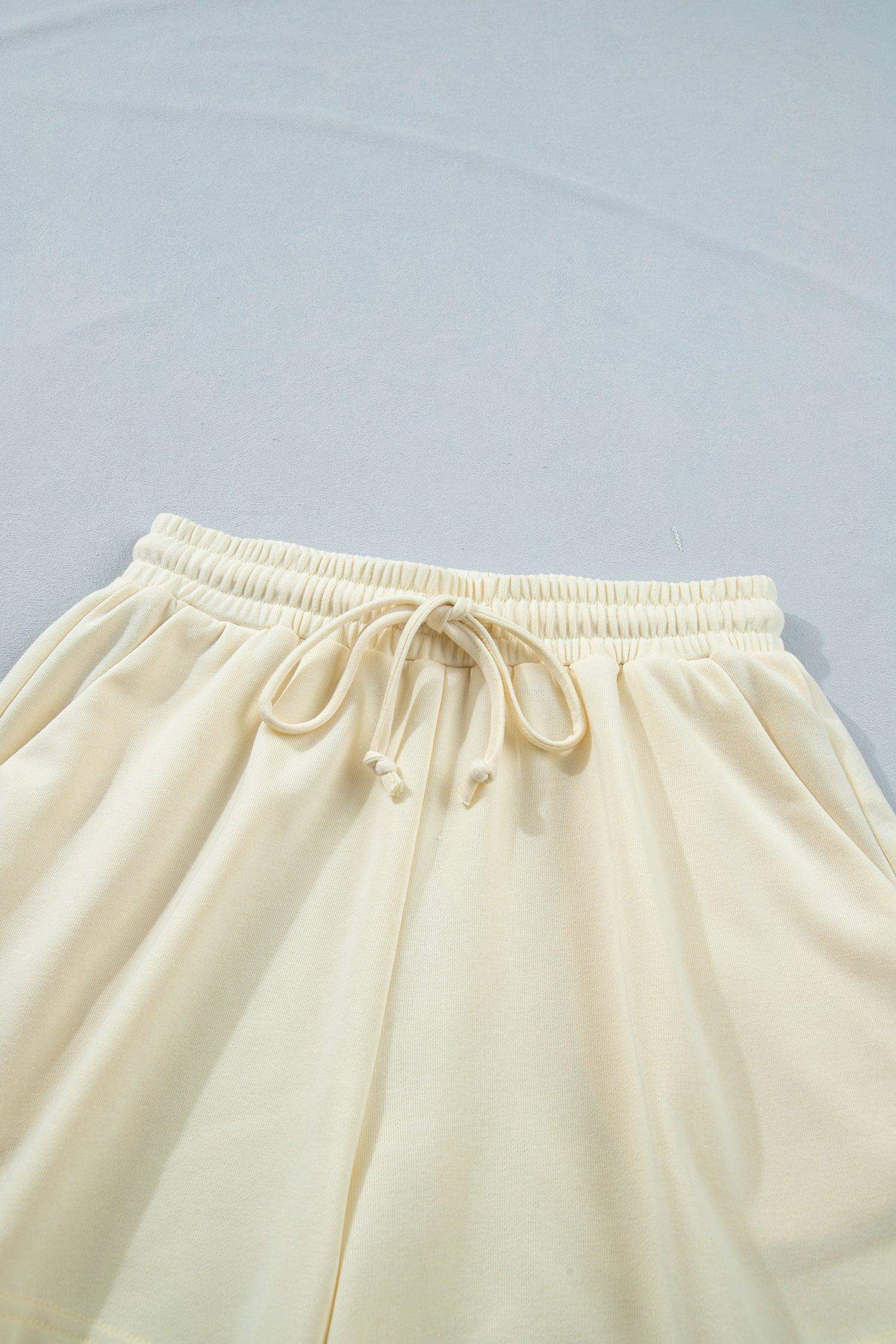 White Contrast Leopard Bow Patched V Neck Loose Tee Drawstring Shorts 2pcs Outfit - Sweet Fashion Wholesale