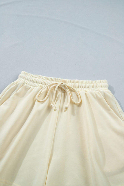 White Contrast Leopard Bow Patched V Neck Loose Tee Drawstring Shorts 2pcs Outfit - Sweet Fashion Wholesale