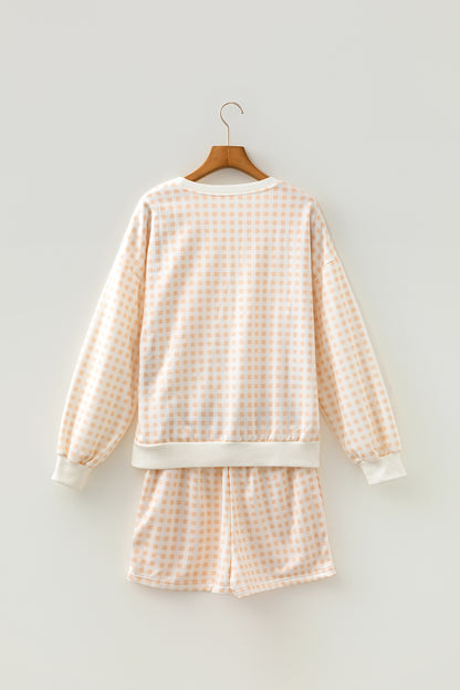 Yellow Plaid Baggy Pullover Drawstring Casual Shorts 2pcs Outfit