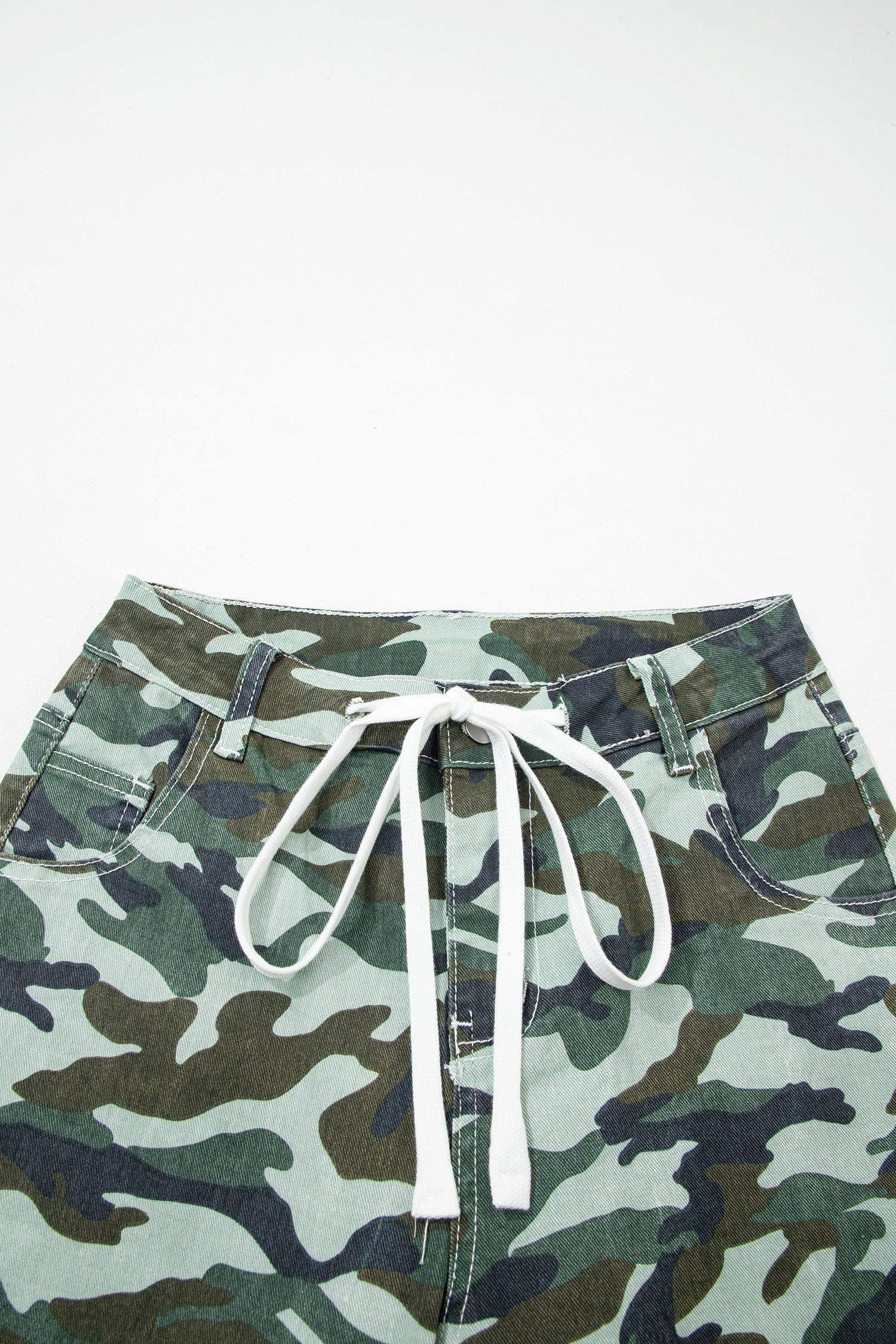 Green Camouflage Print Wide Leg Drawstring Denim Pants - Sweet Fashion Wholesale