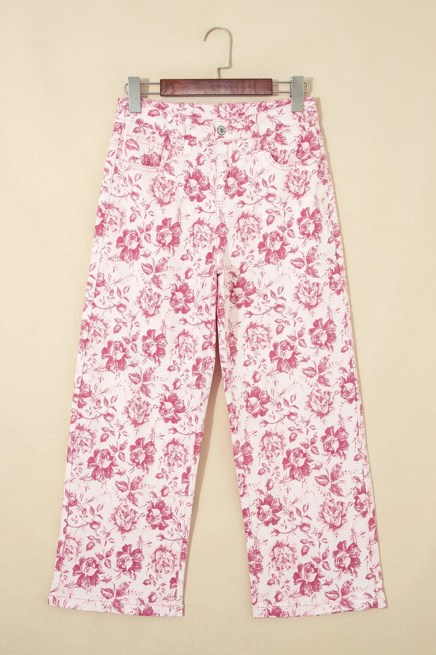 Pink Vintage Floral Print Denim Shift Pants - Sweet Fashion Wholesale