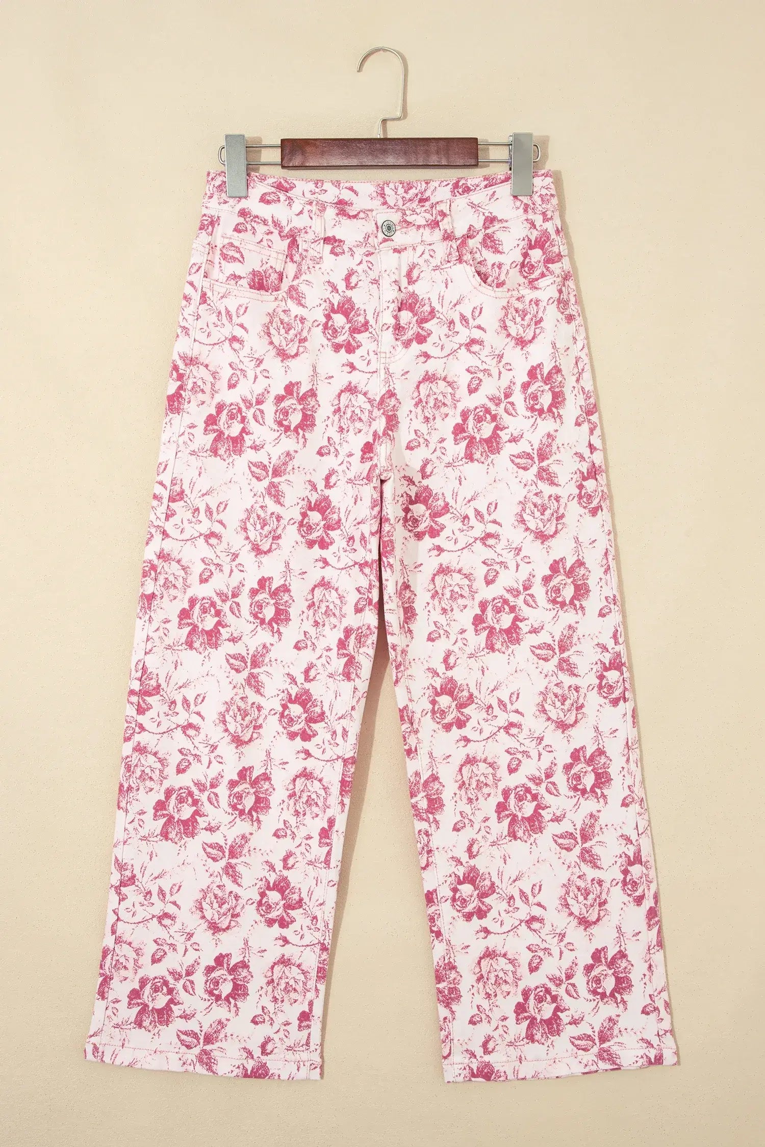 Pink Vintage Floral Print Denim Shift Pants - Sweet Fashion Wholesale