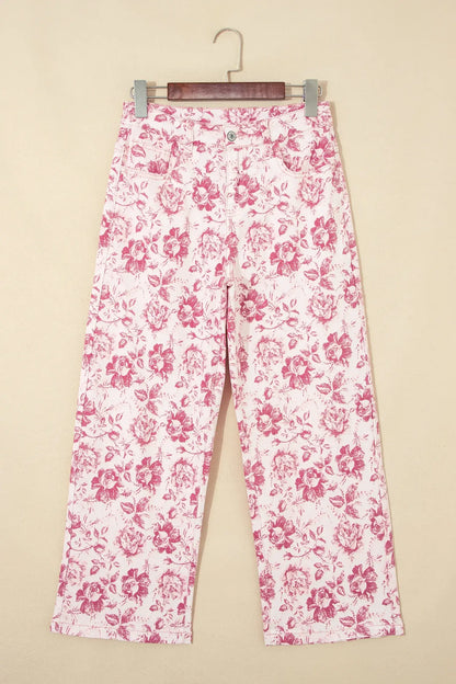 Pink Vintage Floral Print Denim Shift Pants - Sweet Fashion Wholesale