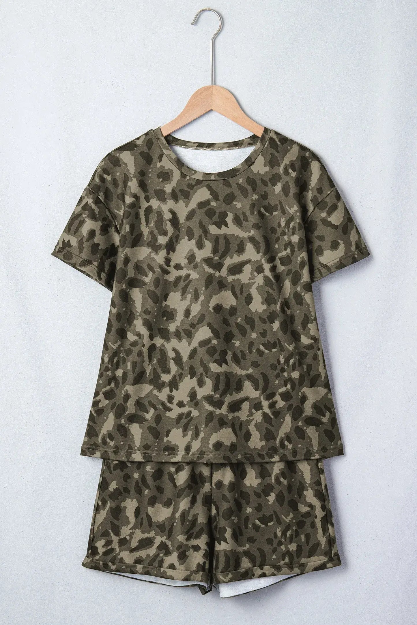 Brown Leopard Print Crew Neck Short Set - Sweet Fashion Wholesale