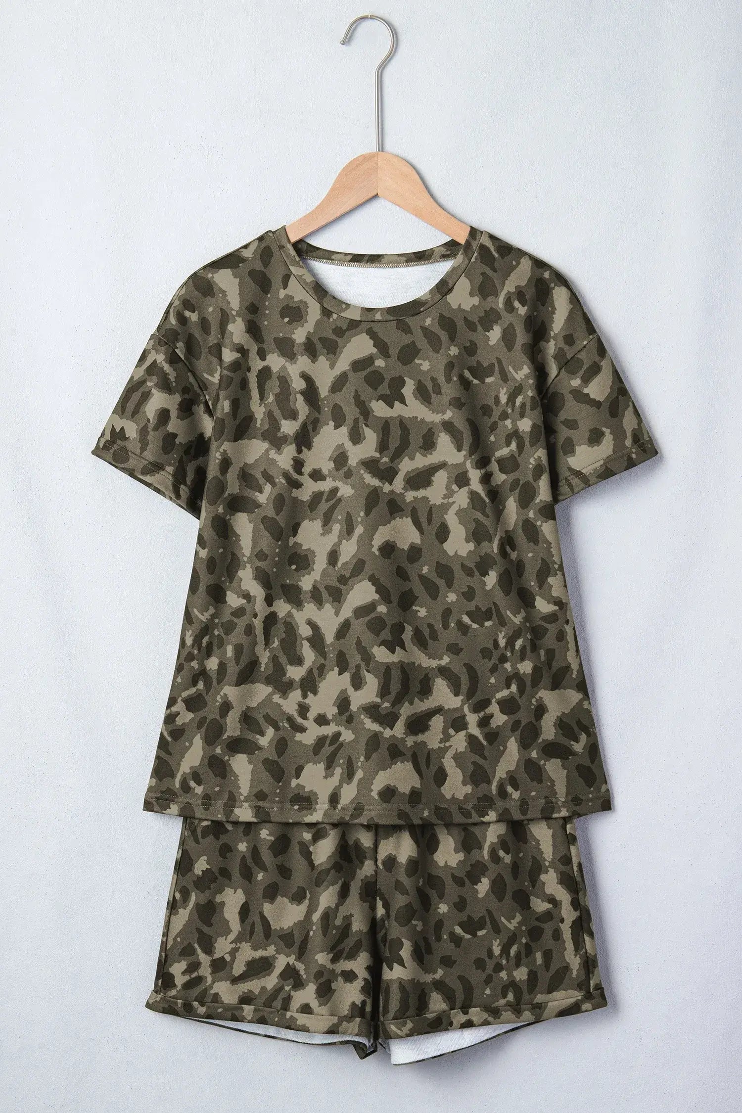 Brown Leopard Print Crew Neck Short Set - Sweet Fashion Wholesale