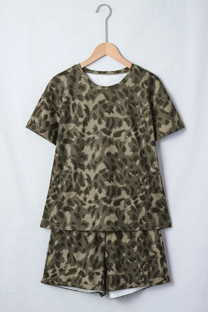 Brown Leopard Print Crew Neck Short Set - Sweet Fashion Wholesale