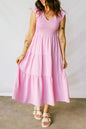 Pink Smocked Bodice Flutter Sleeve Fit Flare Tiered Midi Dress - Sweet Fashion Wholesale