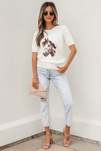 White Wild West Horse Head Printed Short Sleeve Sweater