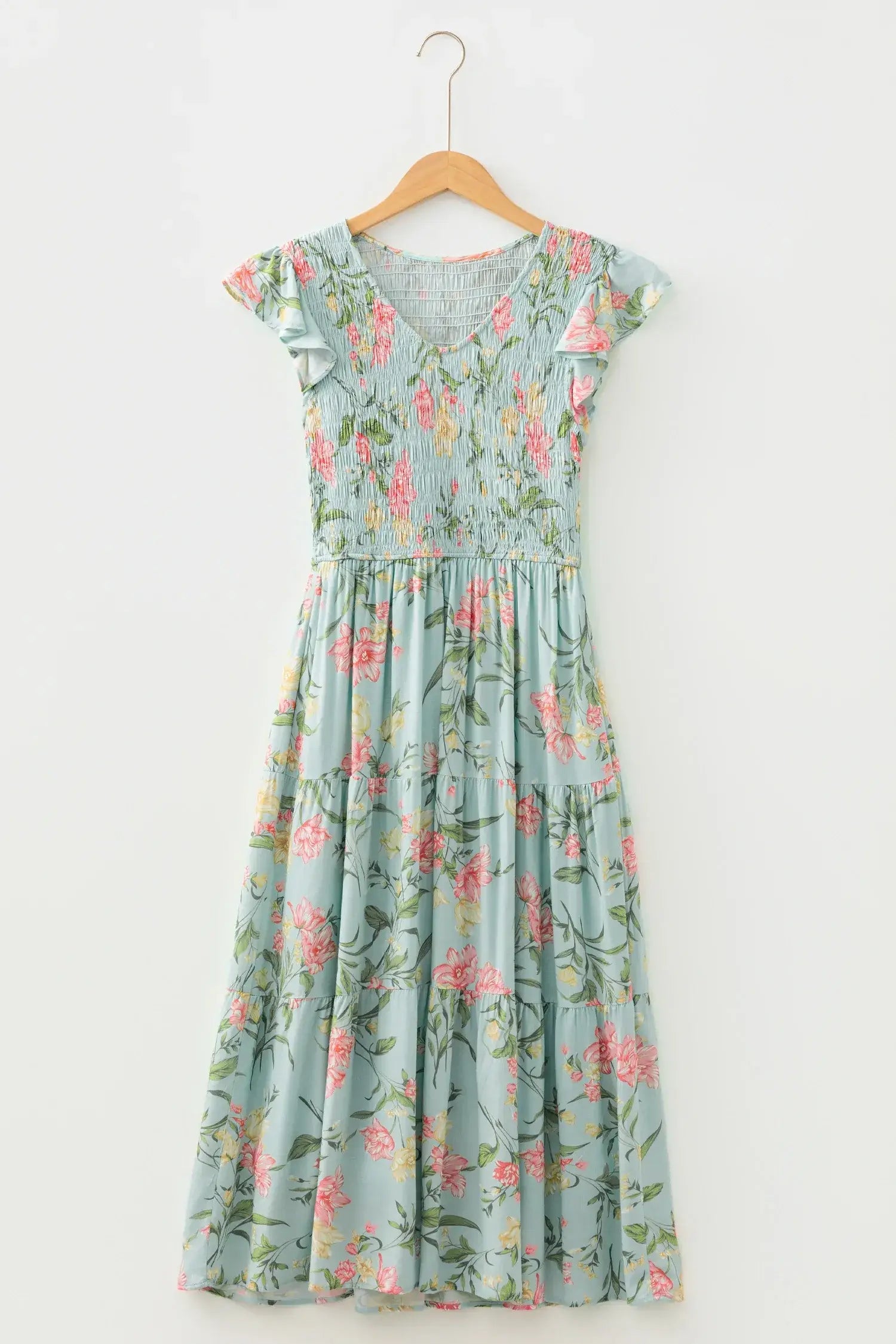 Yellow Smocked Bodice Ruffled Sleeveless Tiered Floral Maxi Dress - Sweet Fashion Wholesale