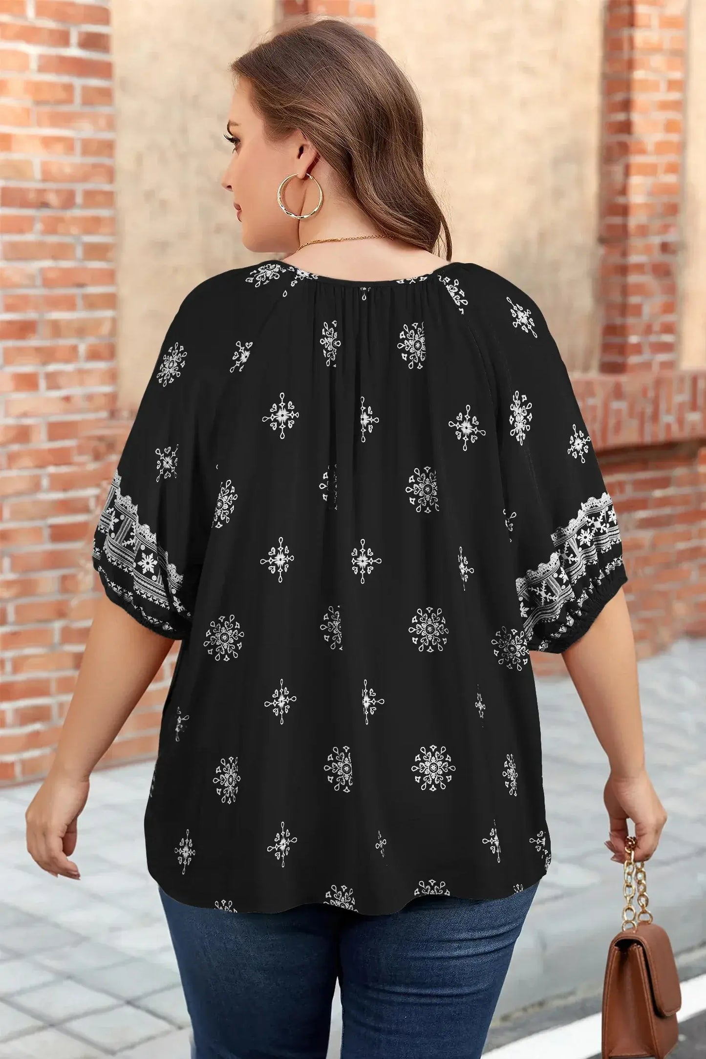 Green Boho Chic Notched V Neck Plus Floral Short Sleeve Top - Sweet Fashion Wholesale
