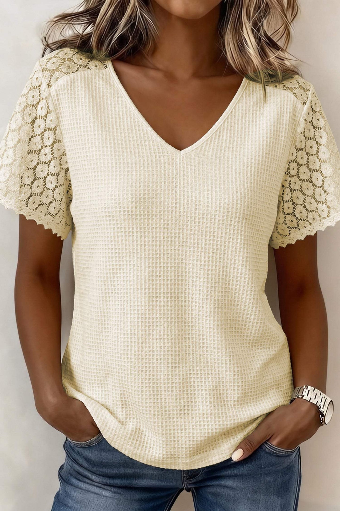 Beige Lace Splicing Button Cutout V Neck Waffle Knit Blouse