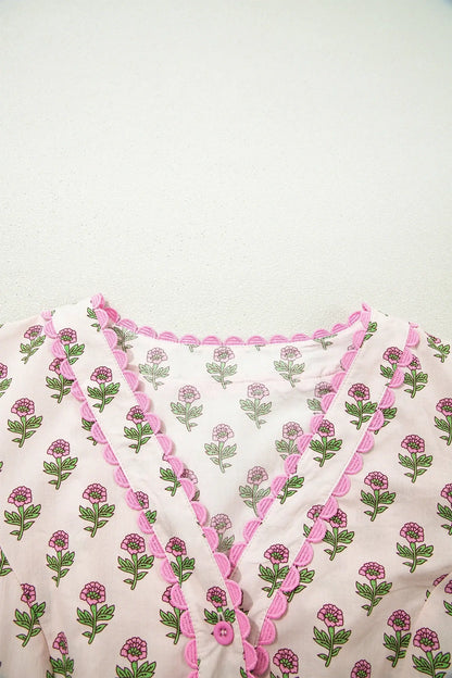 Pink Floral Print V Neck Scallop Trim Button Front Short Sleeve Long Dress