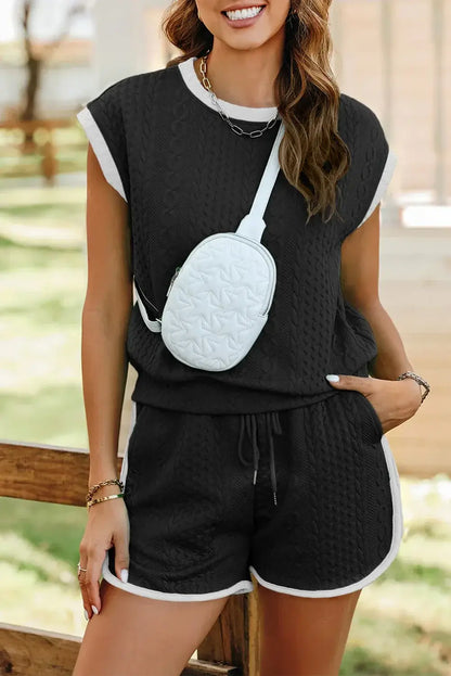 Black Contrast Trim Cable Textured Shorts Set - Sweet Fashion Wholesale