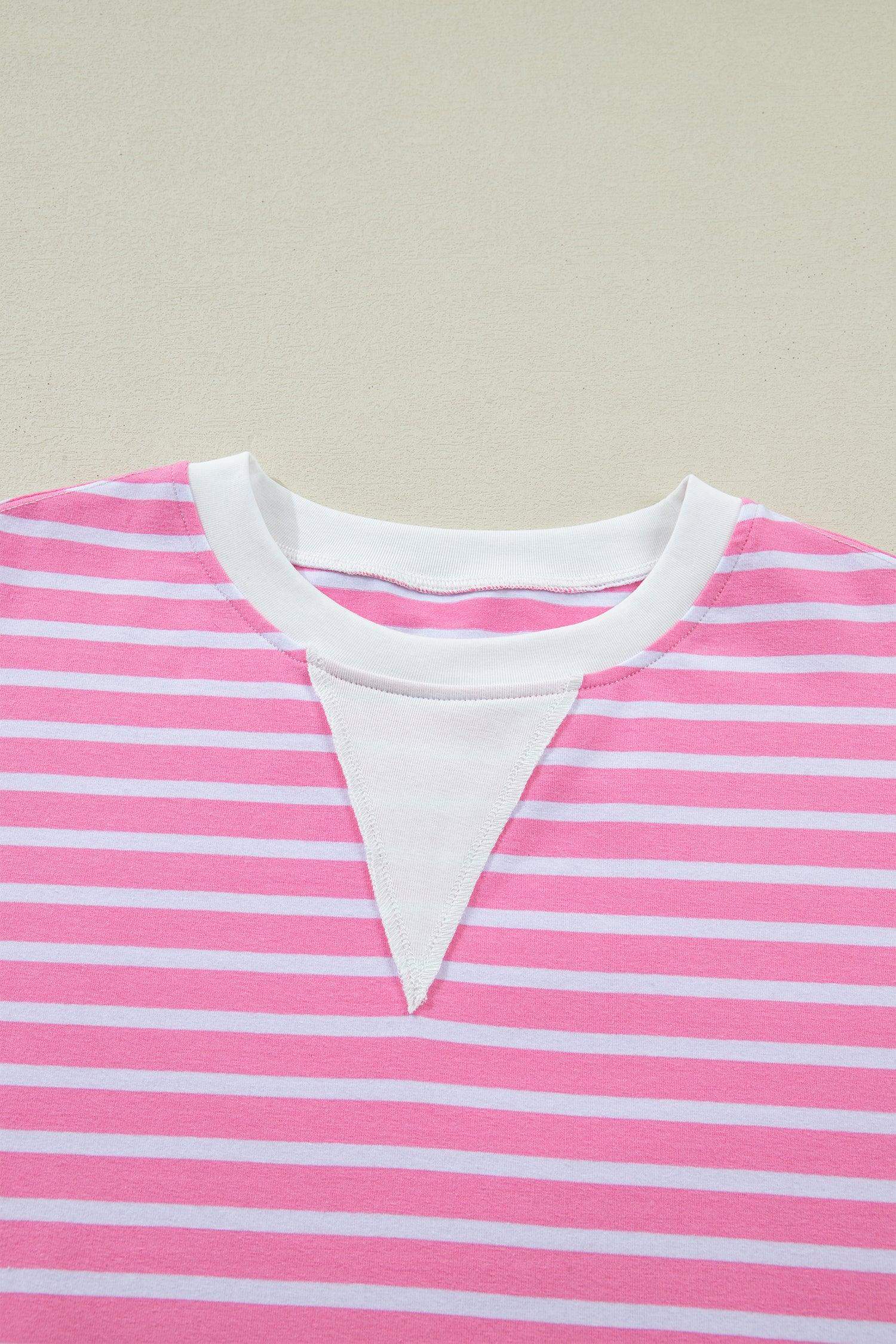 Pink Stripe Round Neck Drop Shoulder Short Sleeve Loose Top - Sweet Fashion Wholesale