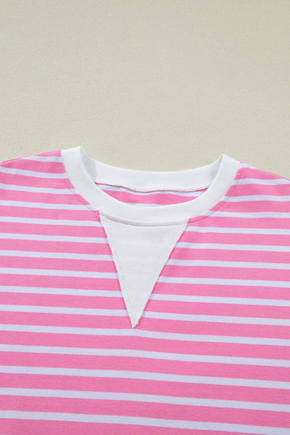 Pink Stripe Round Neck Drop Shoulder Short Sleeve Loose Top - Sweet Fashion Wholesale