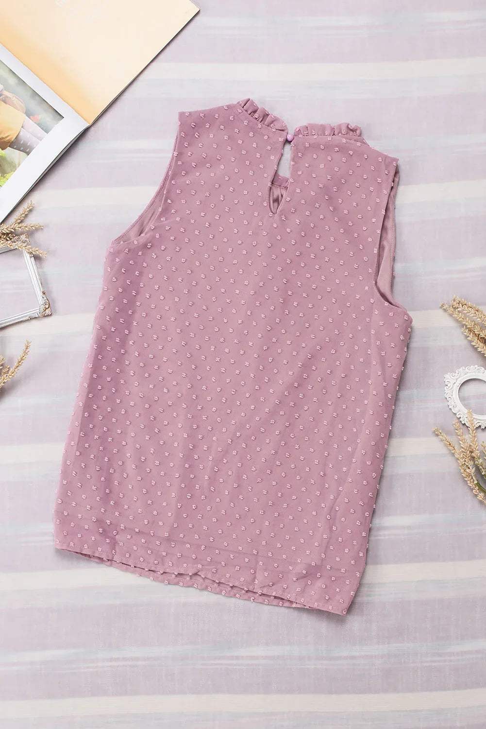 Pink Swiss Dot Sleeveless Ruffle Tank - Sweet Fashion Wholesale