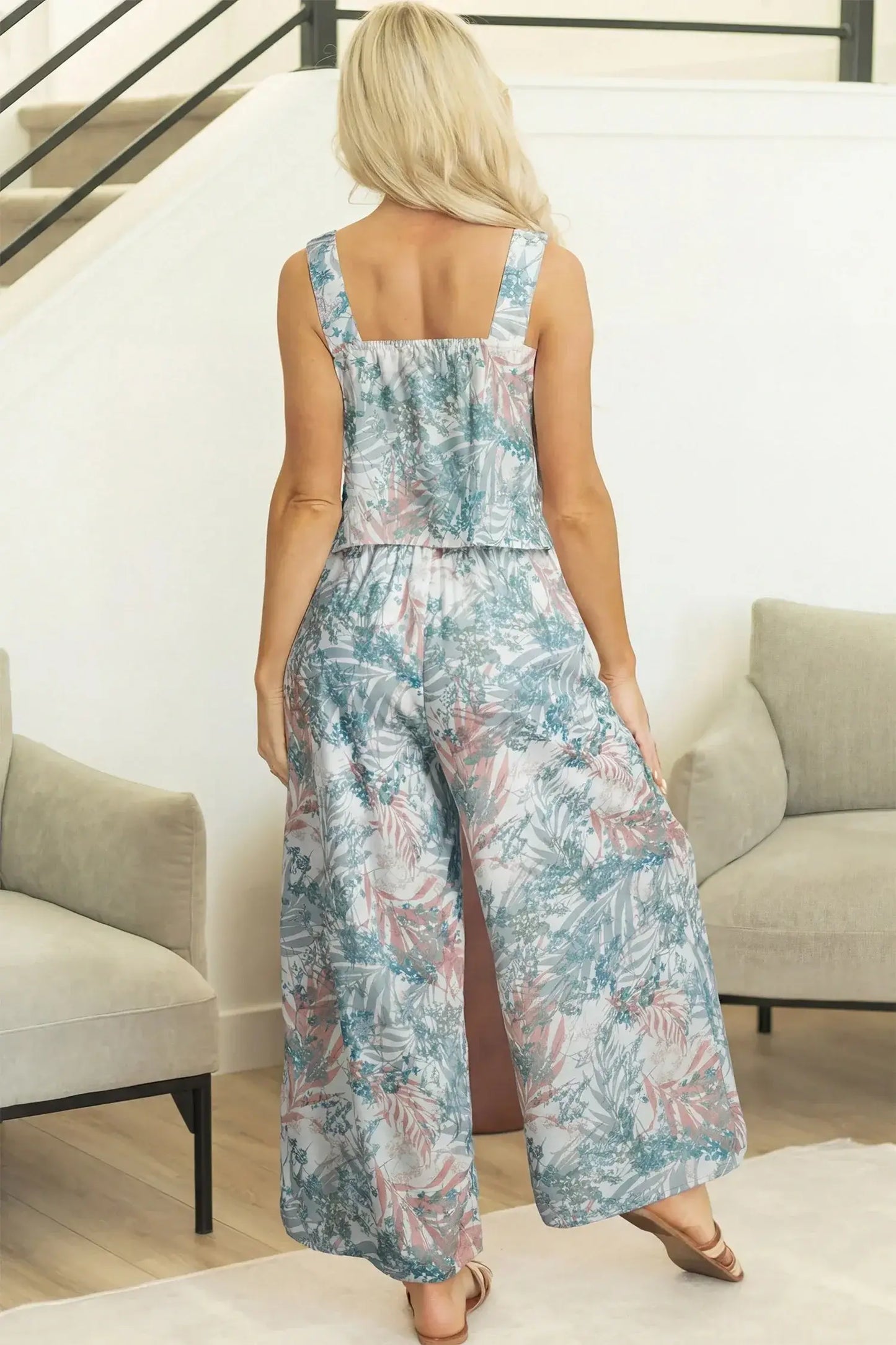 Green Tropical Palm Printed Cropped Tank Drawstring Wide Leg Pant Set - Sweet Fashion Wholesale