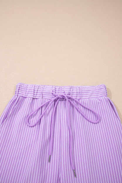 Khaki Stripe Dolman Sleeve Polo Shirt and Drawstring Shorts Set
