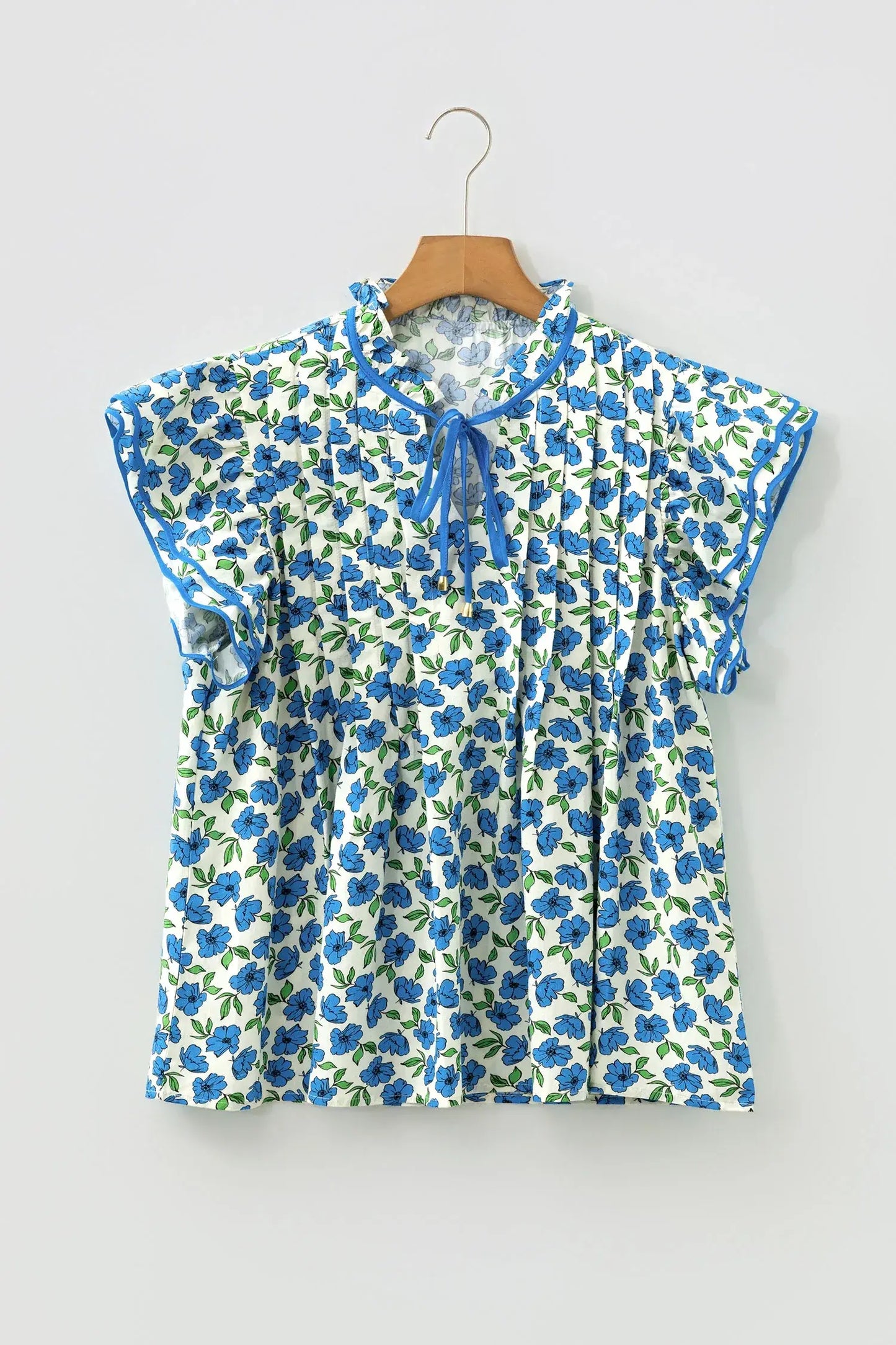 Sky Blue Tiered Flutter Sleeve Pleated Flower Blouse - Sweet Fashion Wholesale