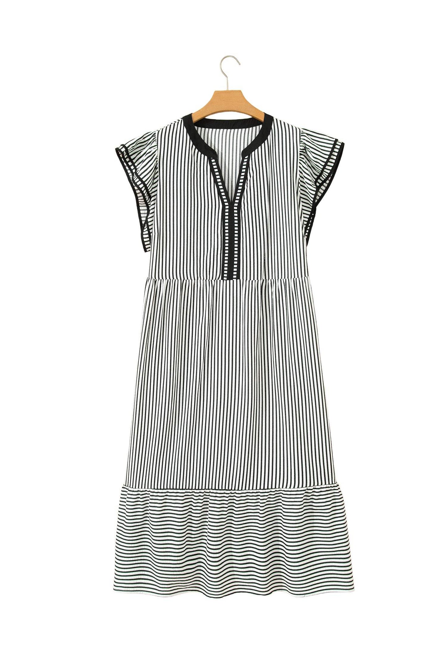 Black Stripe Plus Size Slit V Neck Tiered Flutter Sleeve Maxi Dress