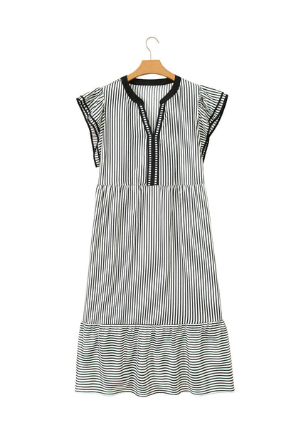 Black Stripe Plus Size Slit V Neck Tiered Flutter Sleeve Maxi Dress