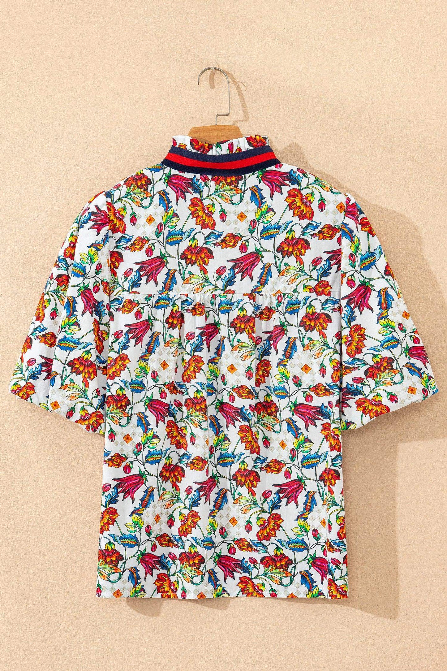 Multicolour Contrasted V Neckline Floral Puff Short Sleeve Blouse - Sweet Fashion Wholesale