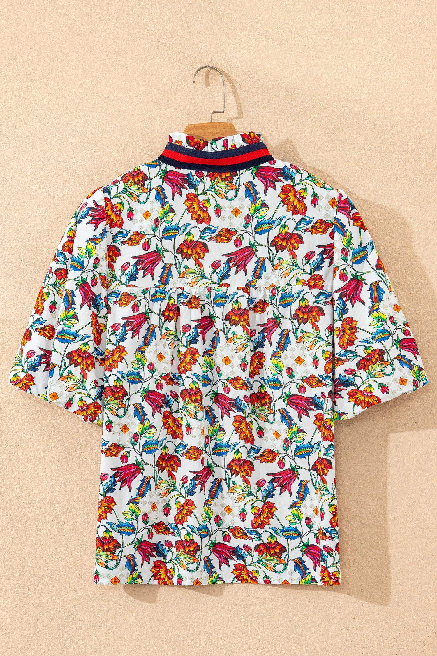 Multicolour Contrasted V Neckline Floral Puff Short Sleeve Blouse - Sweet Fashion Wholesale