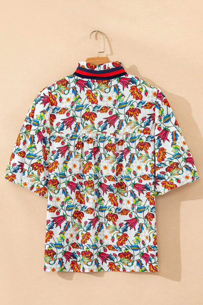 Multicolour Contrasted V Neckline Floral Puff Short Sleeve Blouse - Sweet Fashion Wholesale