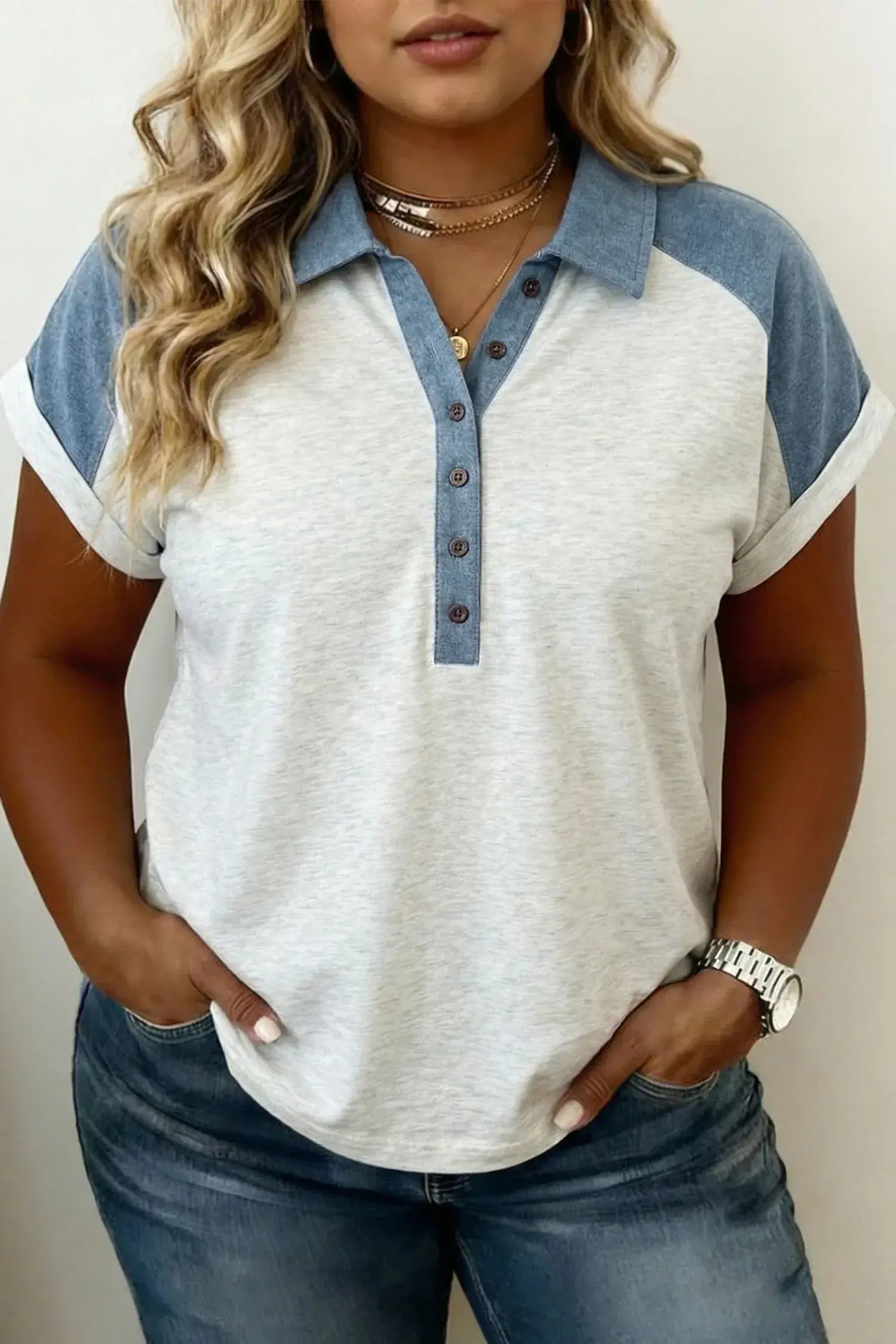 Beige Plus Size Contrast Denim Patchwork Cuffed Sleeve Polo Tee - Sweet Fashion Wholesale